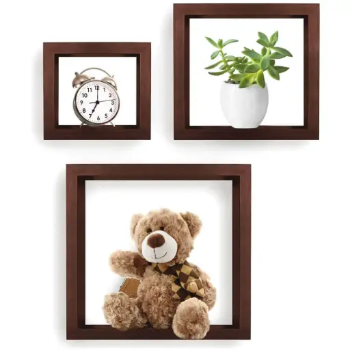 [293546] מדפים מרובעים תלויים בעיצוב כפרי – סט 3 מדפים, גוון אגוז (Walnut) – Greenco